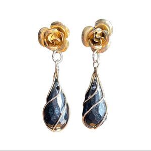 Floral Spiral Caged Jet Black Stone Dangle Earrings